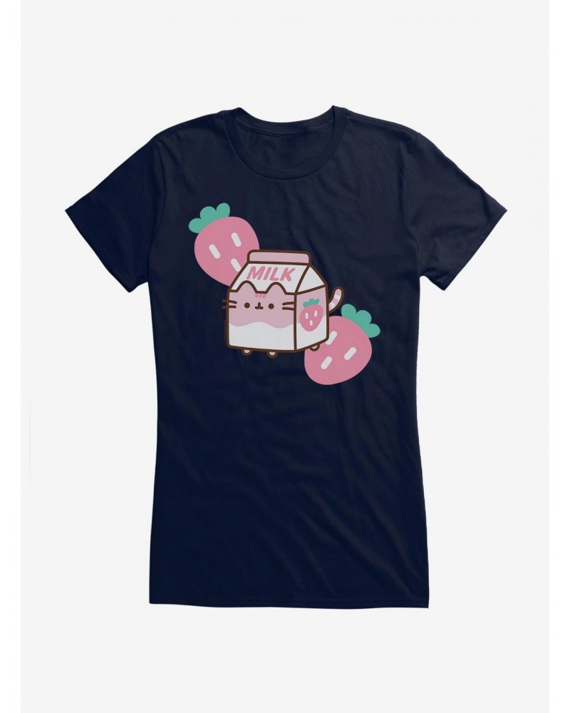 Pusheen Sips Strawberry Milk Girls T-Shirt $9.16 T-Shirts